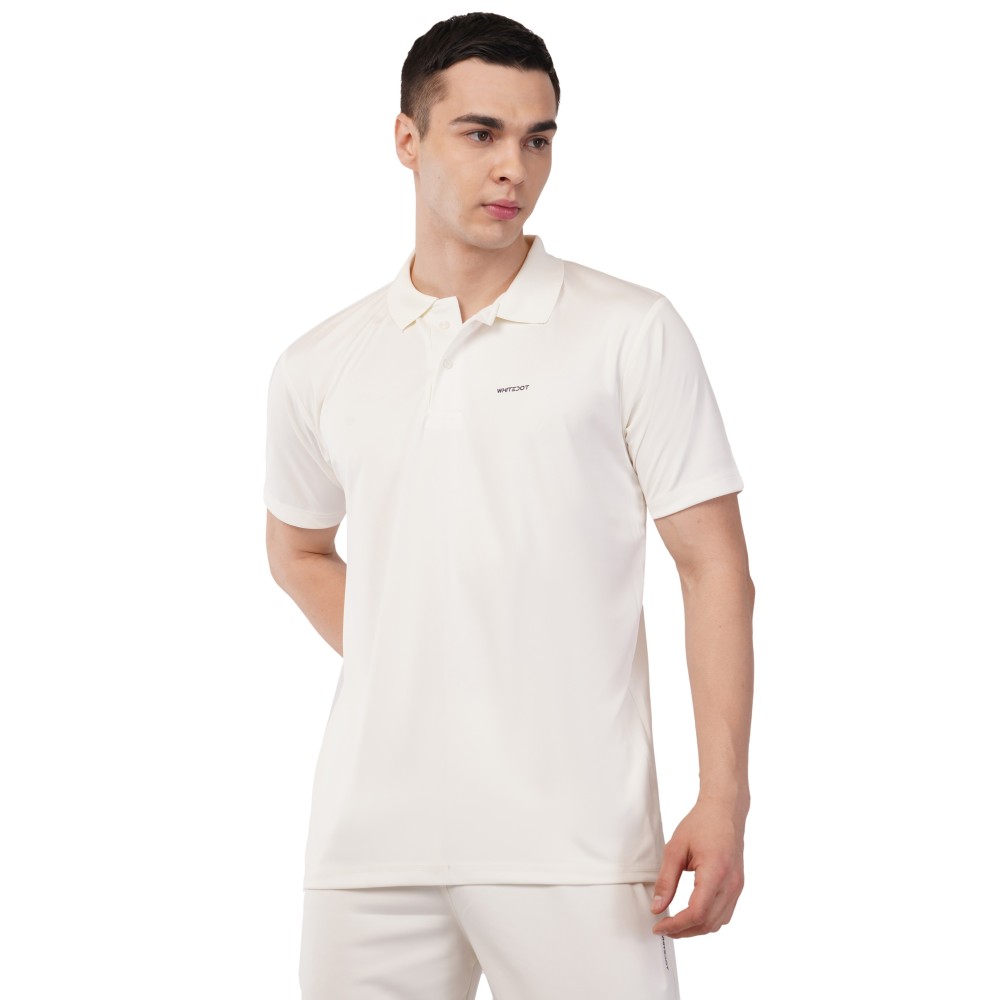 Whitedot Novelty Quick Dry Cricket Polo T-Shirt - Half Sleeves - Off White