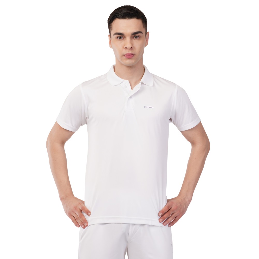 Whitedot Novelty Quick Dry Cricket Polo T-Shirt - Half Sleeves - White