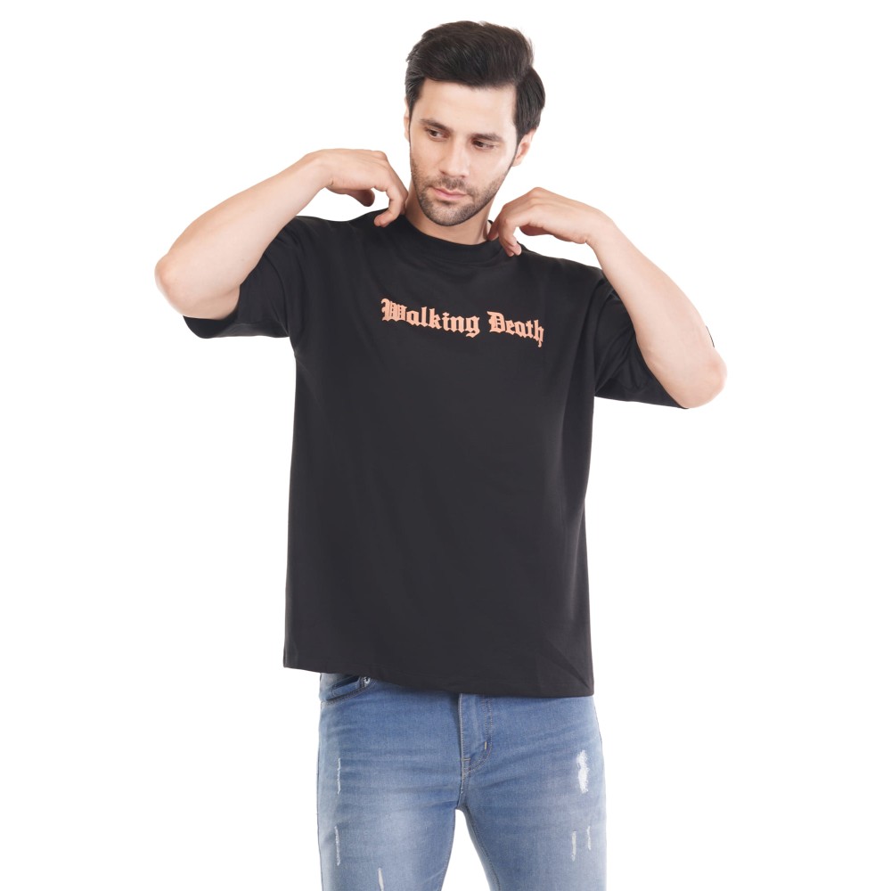 Whitedot Walking Death Cotton Tshirt - Black Drop Shoulder 