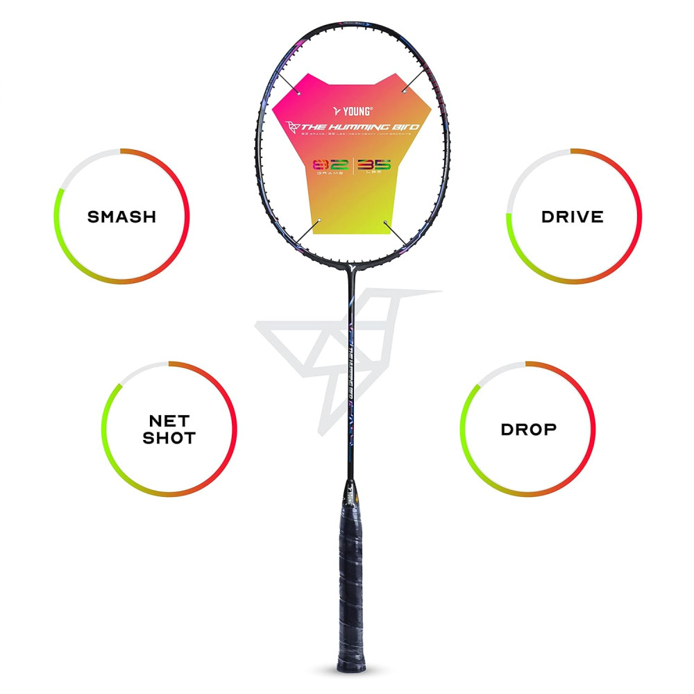 Young The Humming Bird Black Blue Red Badminton Racket + R2 Black Gold Kitbag Combo