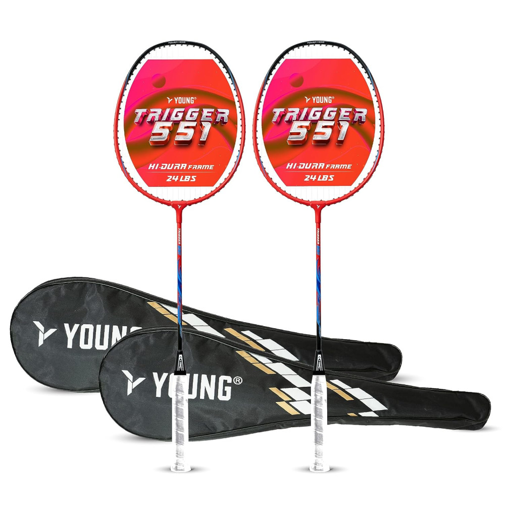 Young Trigger 551 (Power Head, High Durable) Set of 2 Strung Badminton Racket with 2 Free Full Cover (Green Blue)