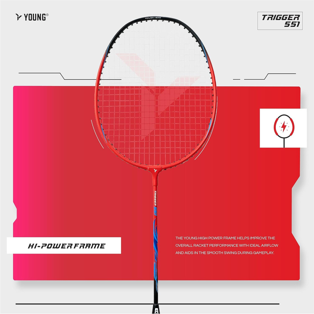Young Trigger 551 (Power Head, High Durable) Set of 2 Strung Badminton Racket with 2 Free Full Cover (Green Blue)