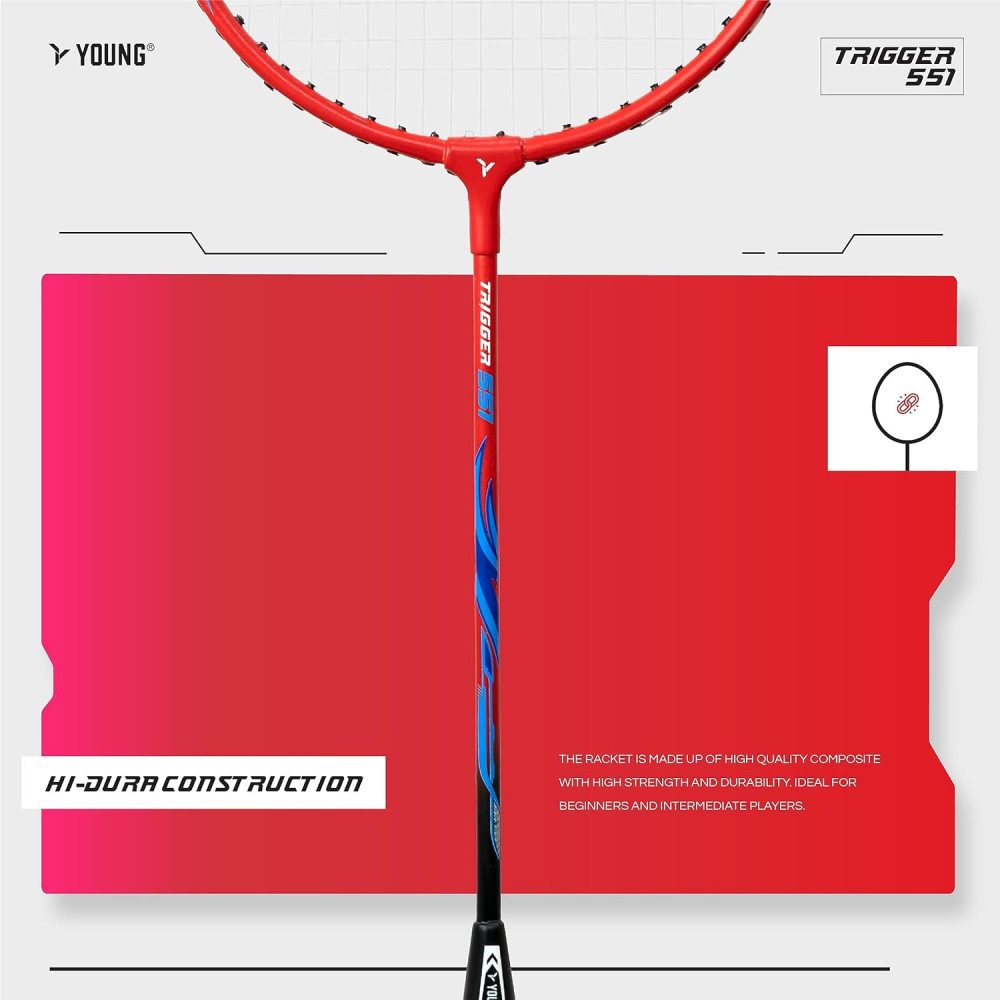 Young Trigger 551 (Power Head, High Durable) Set of 2 Strung Badminton Racket with 2 Free Full Cover (Green Blue)