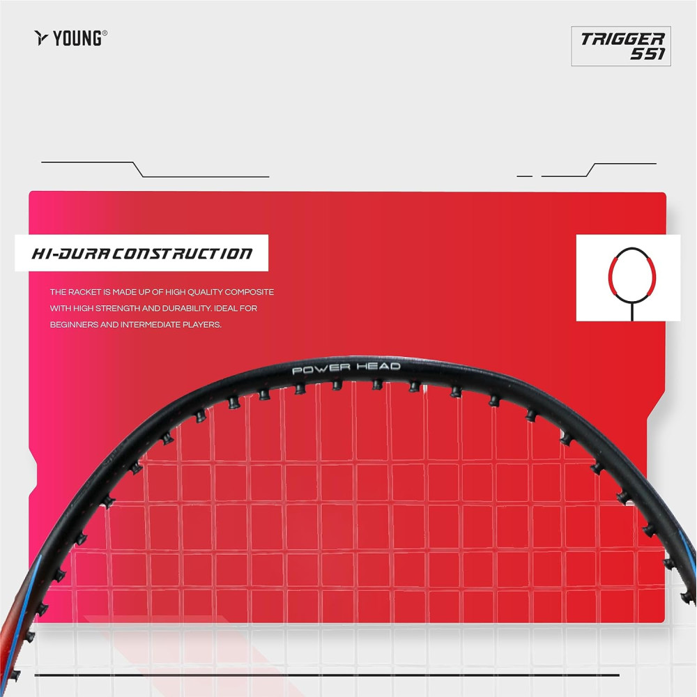 Young Trigger 551 (Power Head, High Durable) Set of 2 Strung Badminton Racket with 2 Free Full Cover (Green Blue)
