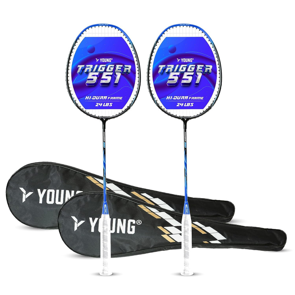 Young Trigger 551 (Power Head, High Durable) Set of 2 Strung Badminton Racket with 2 Free Full Cover (Green Blue)