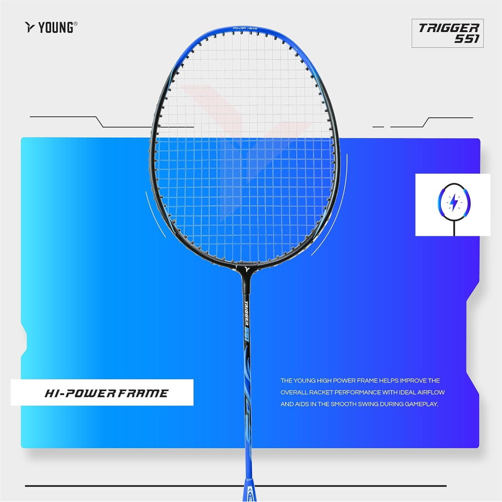 Young Trigger 551 (Power Head, High Durable) Set of 2 Strung Badminton Racket with 2 Free Full Cover (Green Blue)