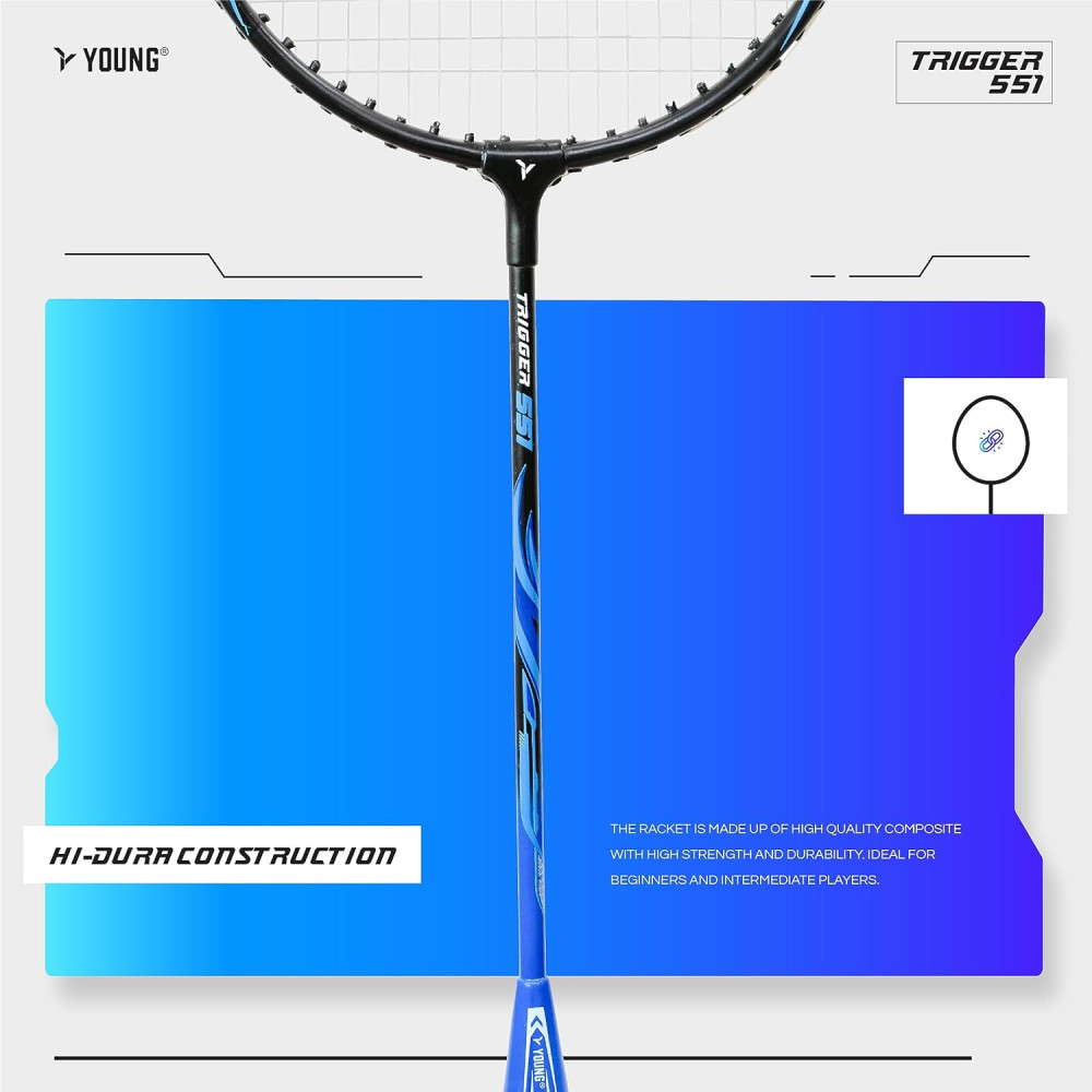Young Trigger 551 (Power Head, High Durable) Set of 2 Strung Badminton Racket with 2 Free Full Cover (Green Blue)