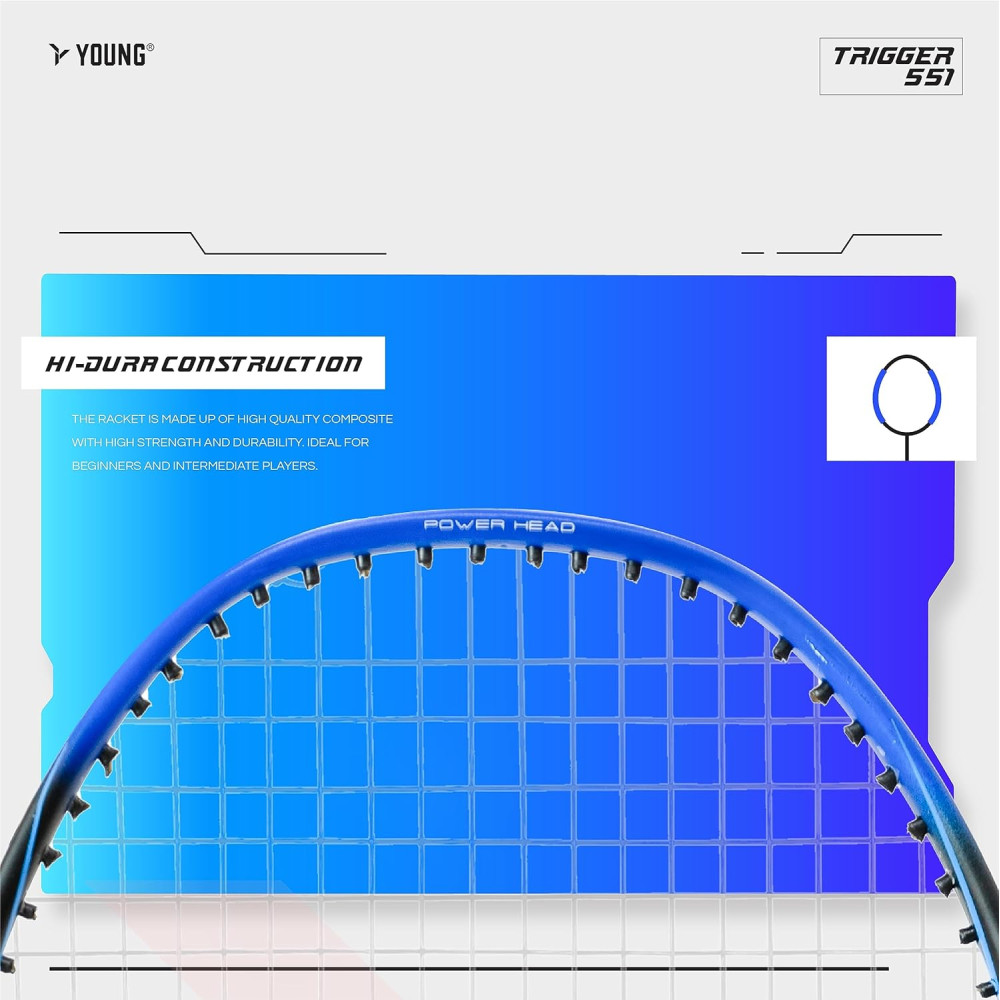 Young Trigger 551 (Power Head, High Durable) Set of 2 Strung Badminton Racket with 2 Free Full Cover (Green Blue)