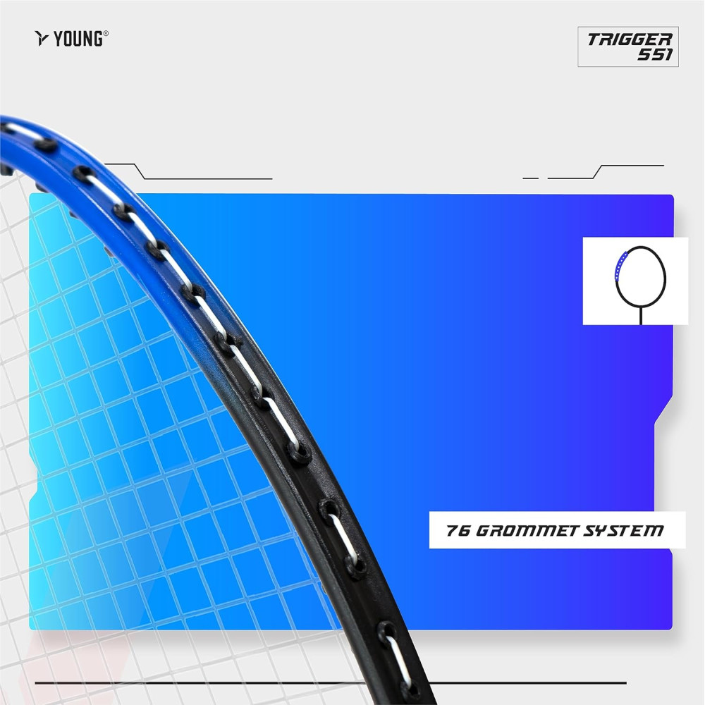 Young Trigger 551 (Power Head, High Durable) Set of 2 Strung Badminton Racket with 2 Free Full Cover (Green Blue)