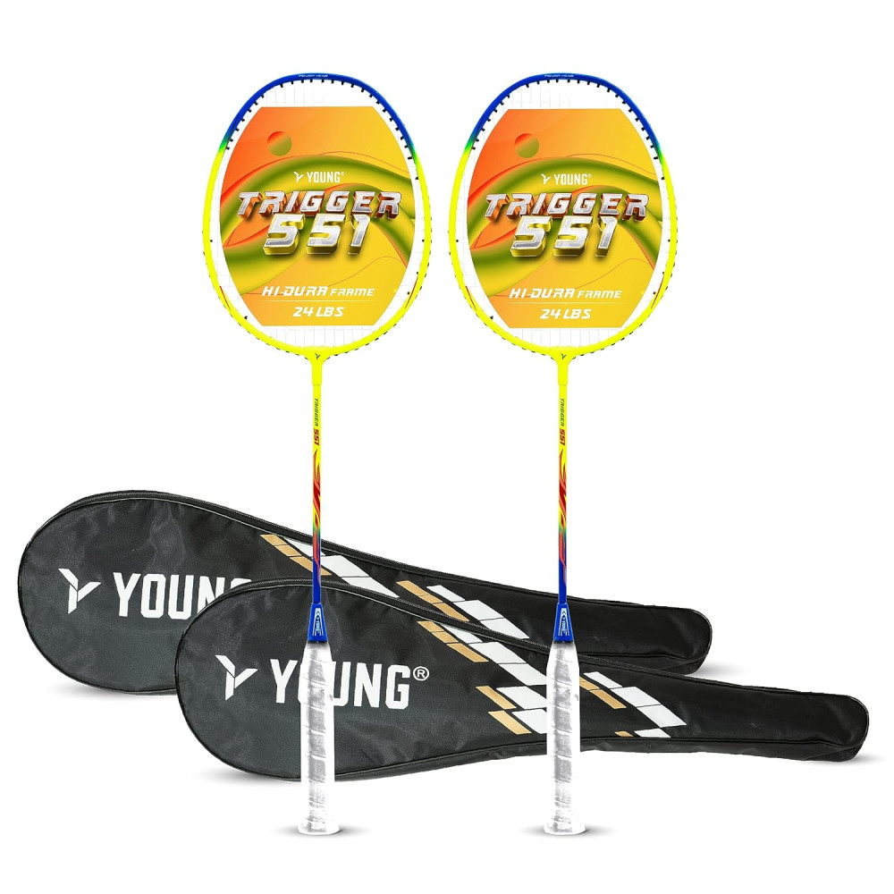 Young Trigger 551 (Power Head, High Durable) Set of 2 Strung Badminton Racket with 2 Free Full Cover (Green Blue)