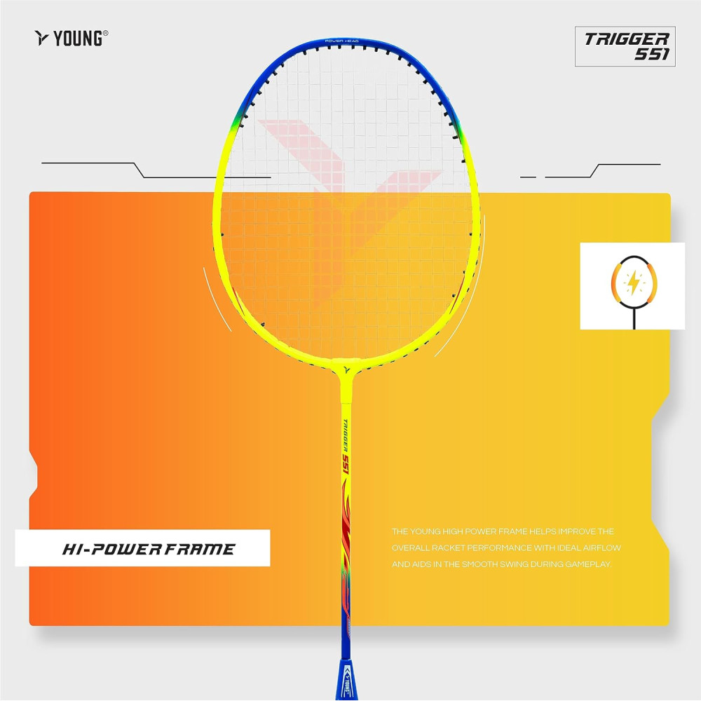 Young Trigger 551 (Power Head, High Durable) Set of 2 Strung Badminton Racket with 2 Free Full Cover (Green Blue)