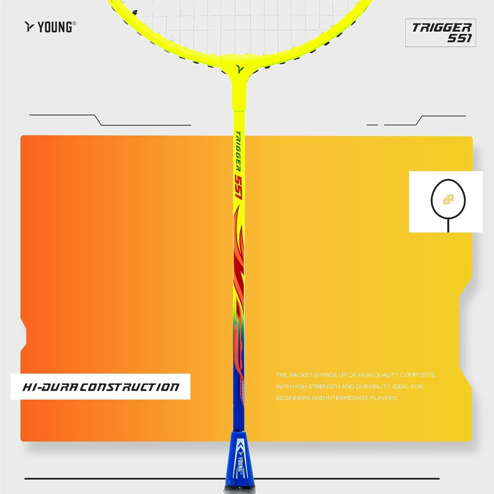 Young Trigger 551 (Power Head, High Durable) Set of 2 Strung Badminton Racket with 2 Free Full Cover (Green Blue)