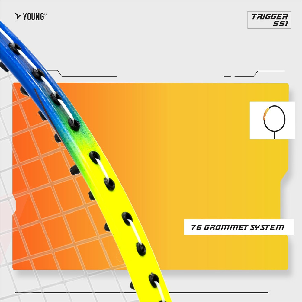 Young Trigger 551 (Power Head, High Durable) Set of 2 Strung Badminton Racket with 2 Free Full Cover (Green Blue)