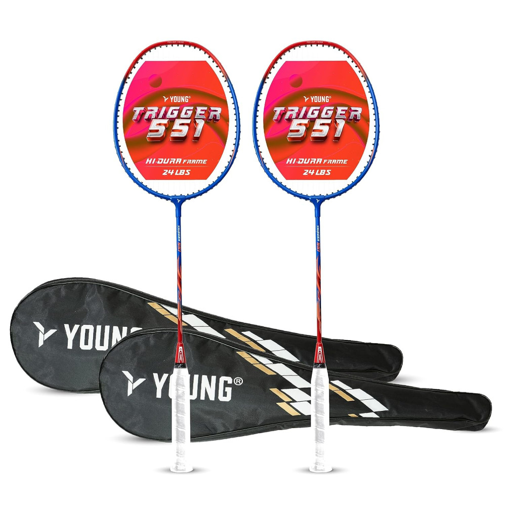 Young Trigger 551 (Power Head, High Durable) Set of 2 Strung Badminton Racket with 2 Free Full Cover (Green Blue)