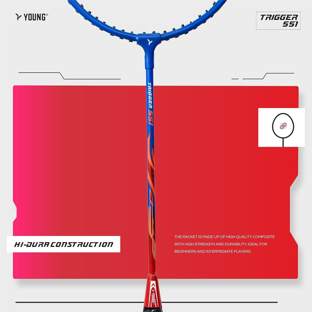 Young Trigger 551 (Power Head, High Durable) Set of 2 Strung Badminton Racket with 2 Free Full Cover (Green Blue)