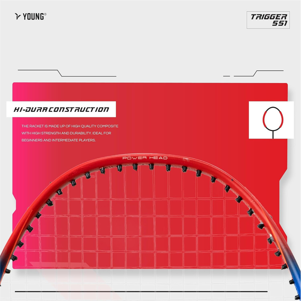 Young Trigger 551 (Power Head, High Durable) Set of 2 Strung Badminton Racket with 2 Free Full Cover (Green Blue)
