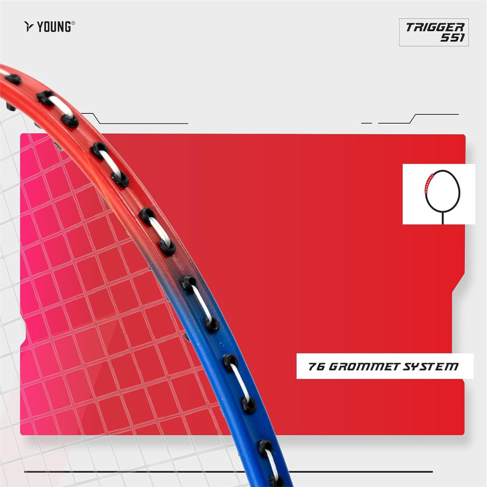 Young Trigger 551 (Power Head, High Durable) Set of 2 Strung Badminton Racket with 2 Free Full Cover (Green Blue)